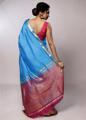 Blue Dupion Silk Saree With Blouse Piece