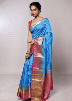 Blue Dupion Silk Saree With Blouse Piece