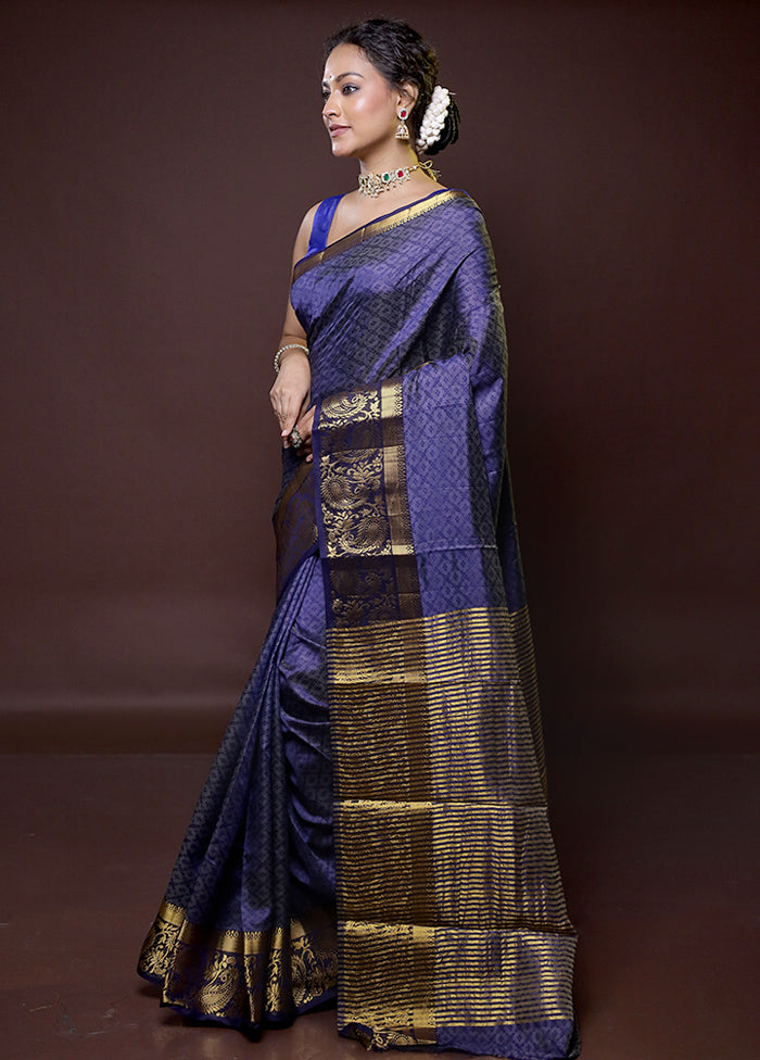 Blue Dupion Silk Saree With Blouse Piece