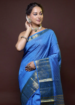 Blue Dupion Silk Saree With Blouse Piece