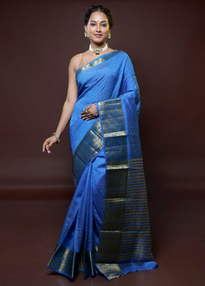 Blue Dupion Silk Saree With Blouse Piece