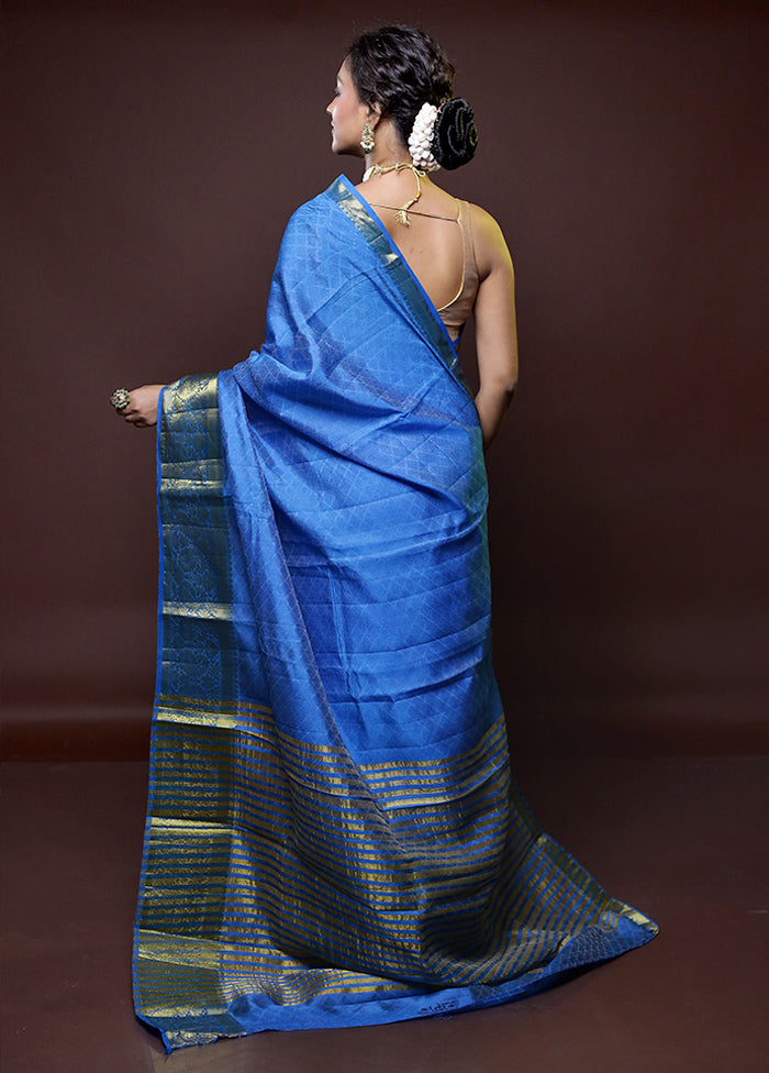 Blue Dupion Silk Saree With Blouse Piece