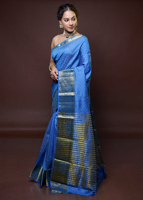 Blue Dupion Silk Saree With Blouse Piece