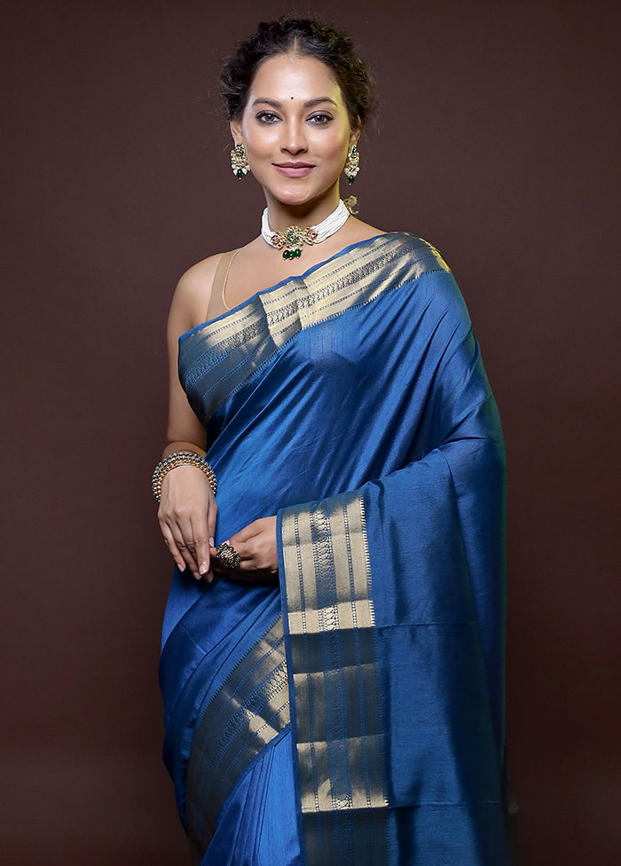 Blue Dupion Silk Saree With Blouse Piece