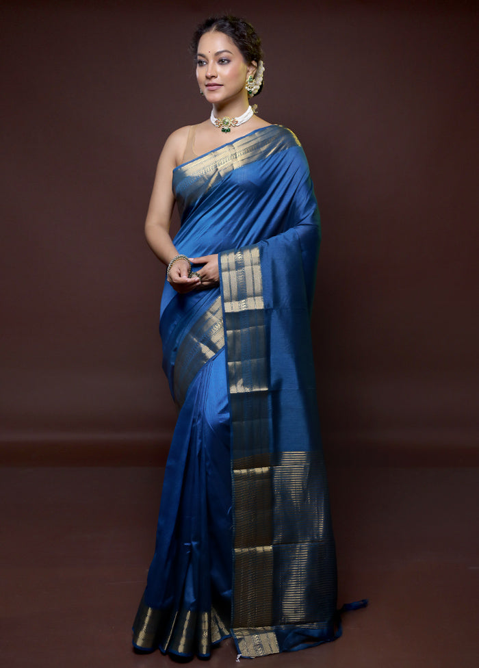 Blue Dupion Silk Saree With Blouse Piece