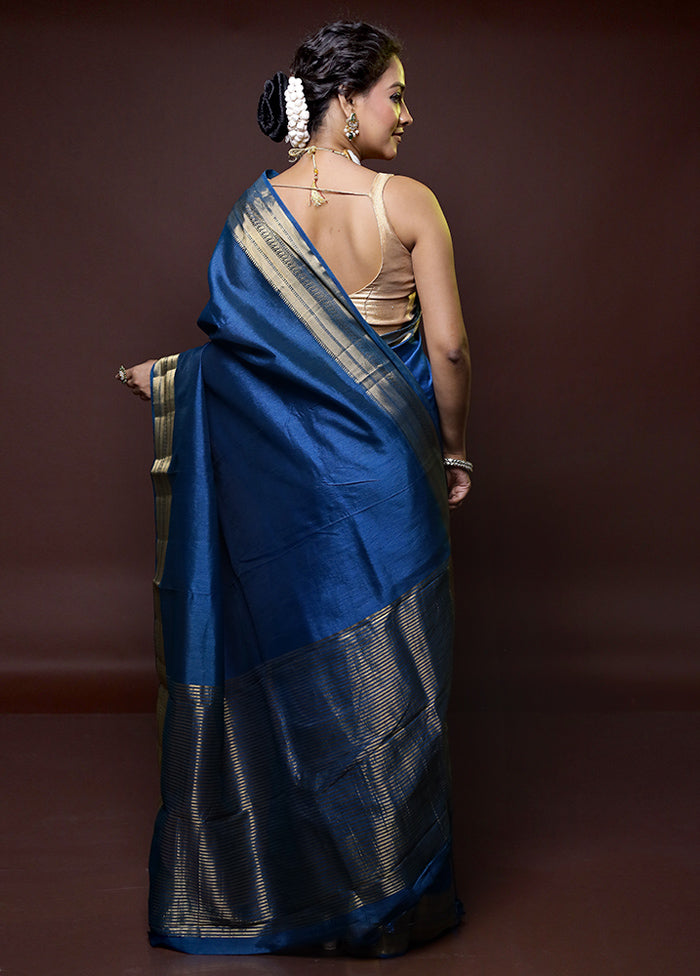 Blue Dupion Silk Saree With Blouse Piece