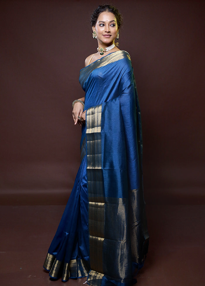 Blue Dupion Silk Saree With Blouse Piece