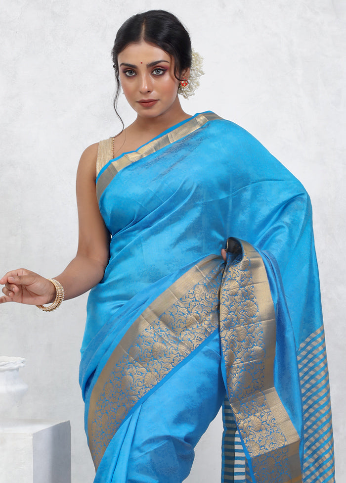 Blue Dupion Silk Saree With Blouse Piece