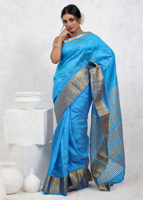 Blue Dupion Silk Saree With Blouse Piece