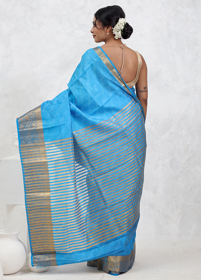 Blue Dupion Silk Saree With Blouse Piece