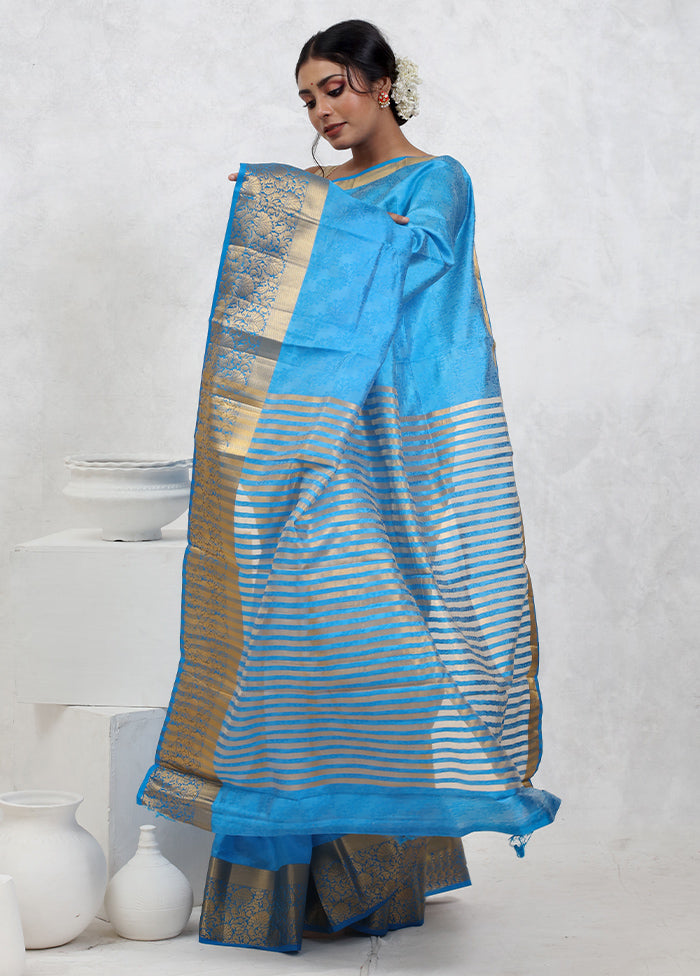 Blue Dupion Silk Saree With Blouse Piece