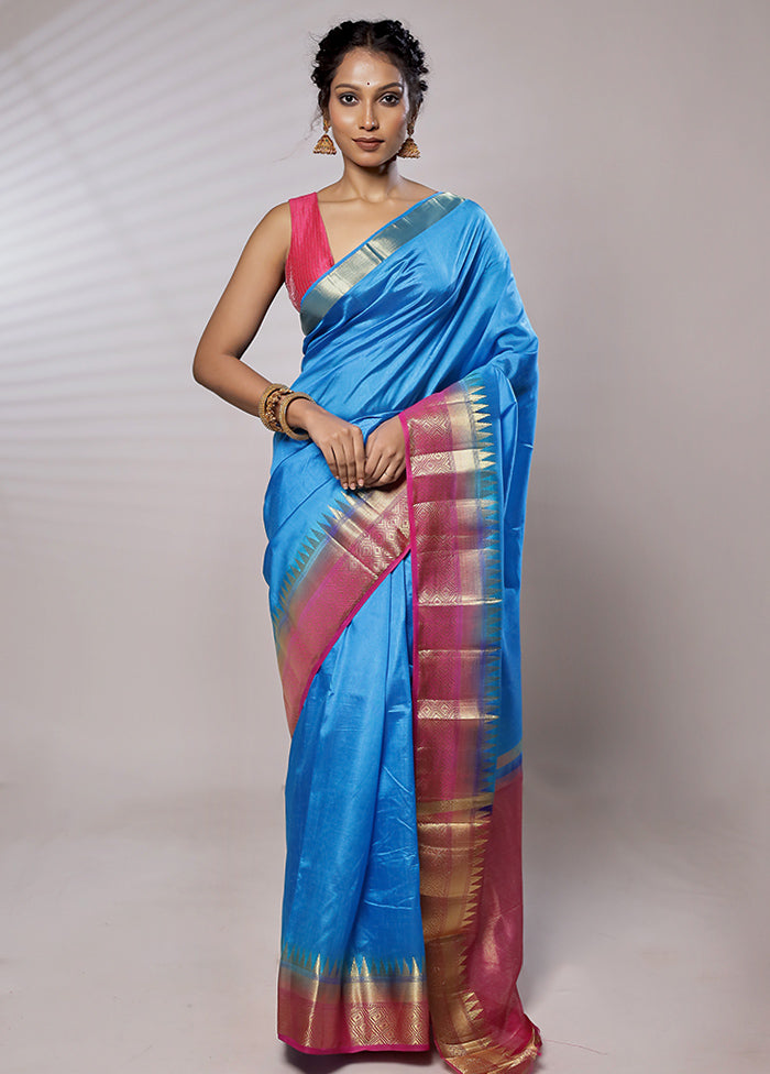 Blue Dupion Silk Saree With Blouse Piece