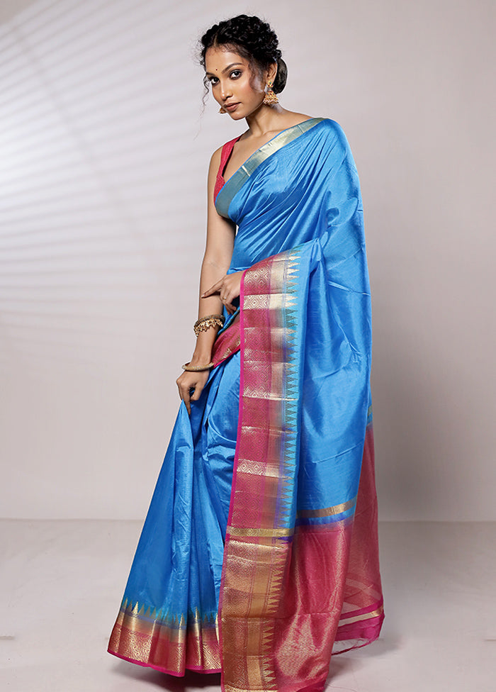 Blue Dupion Silk Saree With Blouse Piece