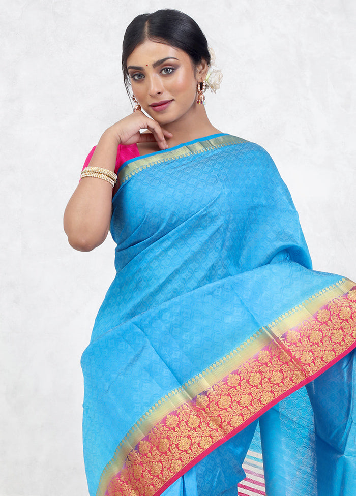 Blue Dupion Silk Saree Without Blouse Piece - Indian Silk House Agencies