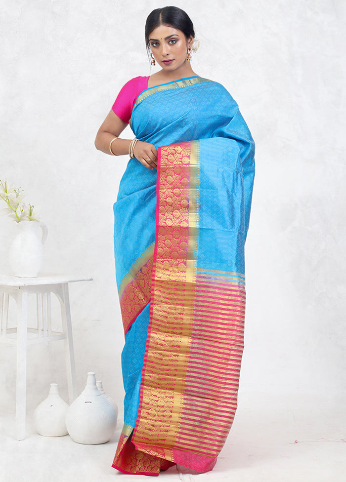 Blue Dupion Silk Saree Without Blouse Piece - Indian Silk House Agencies