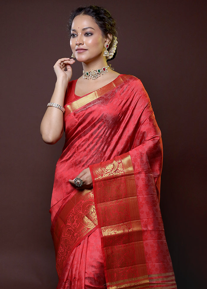 Red Dupion Silk Saree With Blouse Piece