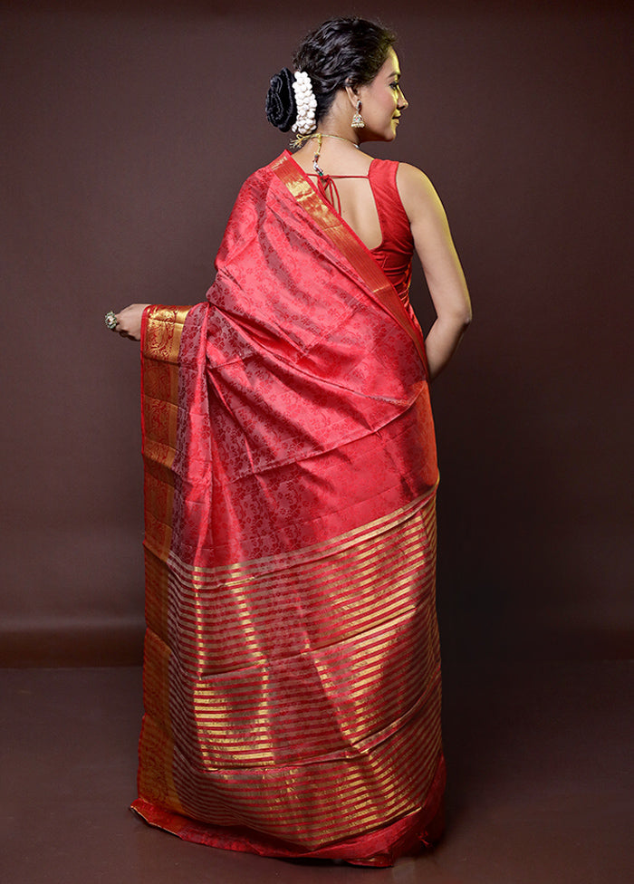 Red Dupion Silk Saree With Blouse Piece