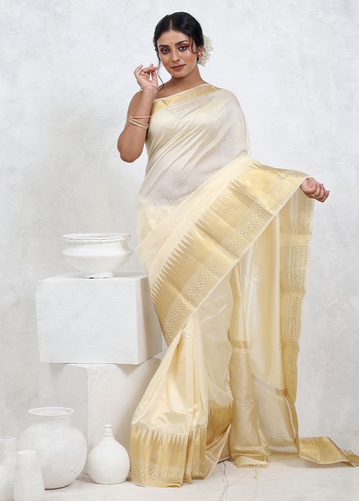 Cream Dupion Silk Saree With Blouse Piece