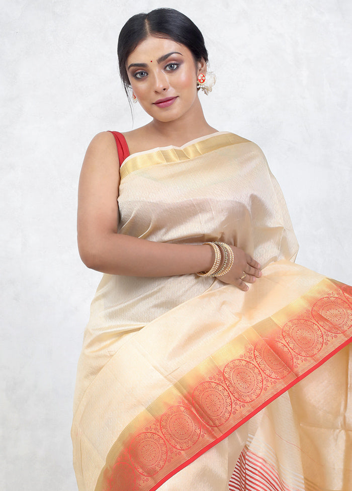 Cream Dupion Silk Saree Without Blouse Piece - Indian Silk House Agencies