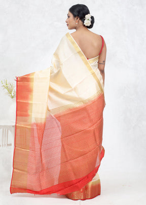 Cream Dupion Silk Saree Without Blouse Piece - Indian Silk House Agencies