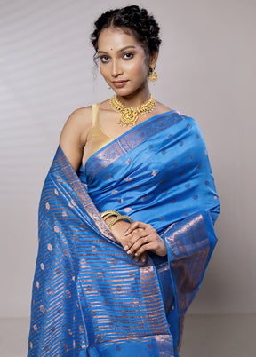 Blue Dupion Silk Saree With Blouse Piece