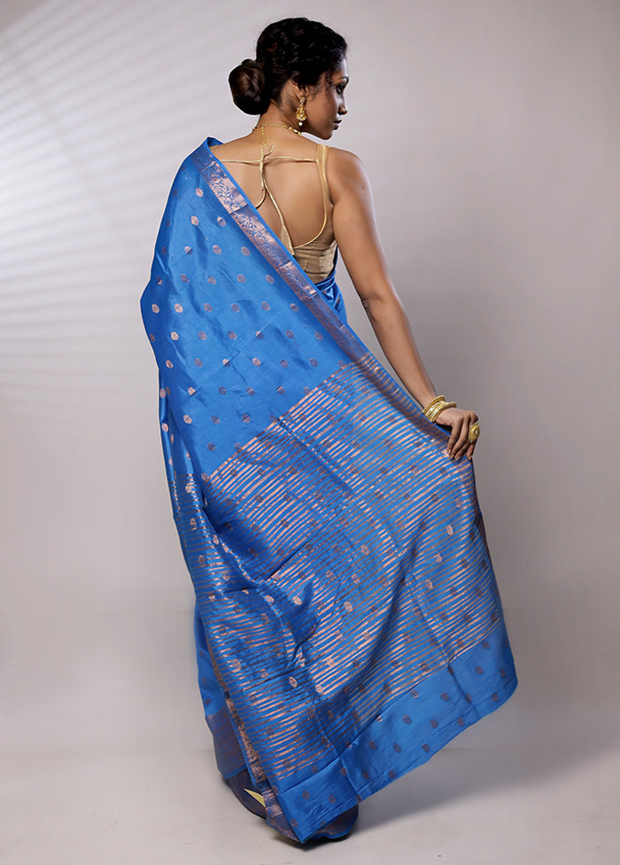 Blue Dupion Silk Saree With Blouse Piece