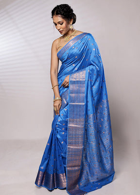 Blue Dupion Silk Saree With Blouse Piece