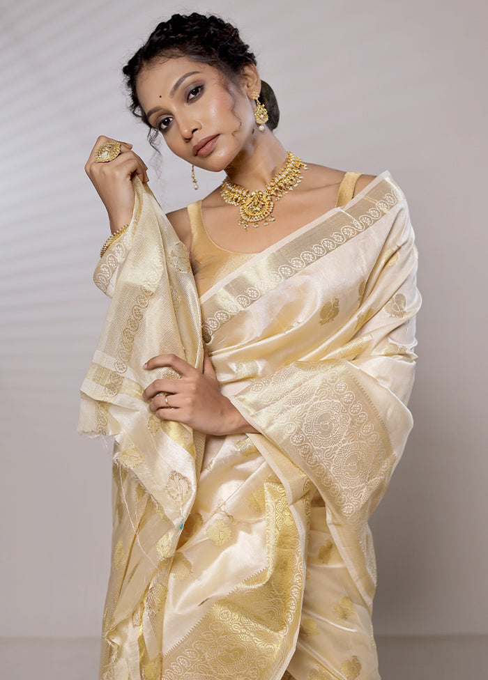 Cream Dupion Silk Saree With Blouse Piece