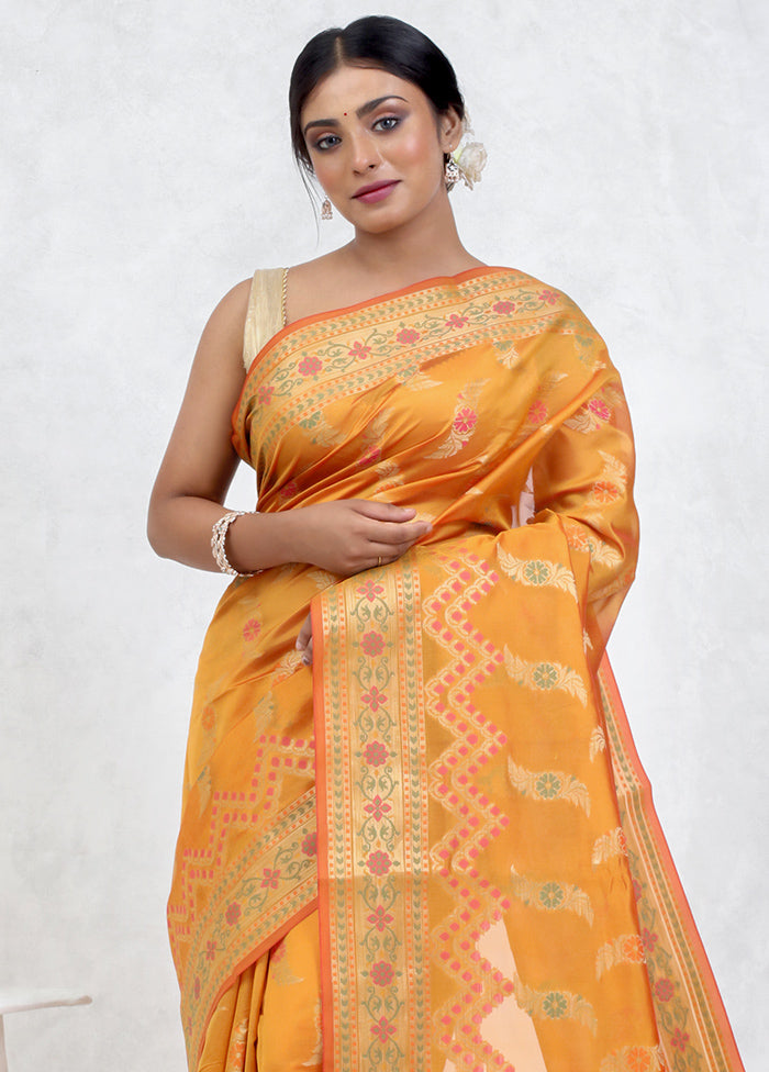 Orange Kora Silk Saree Without Blouse Piece - Indian Silk House Agencies