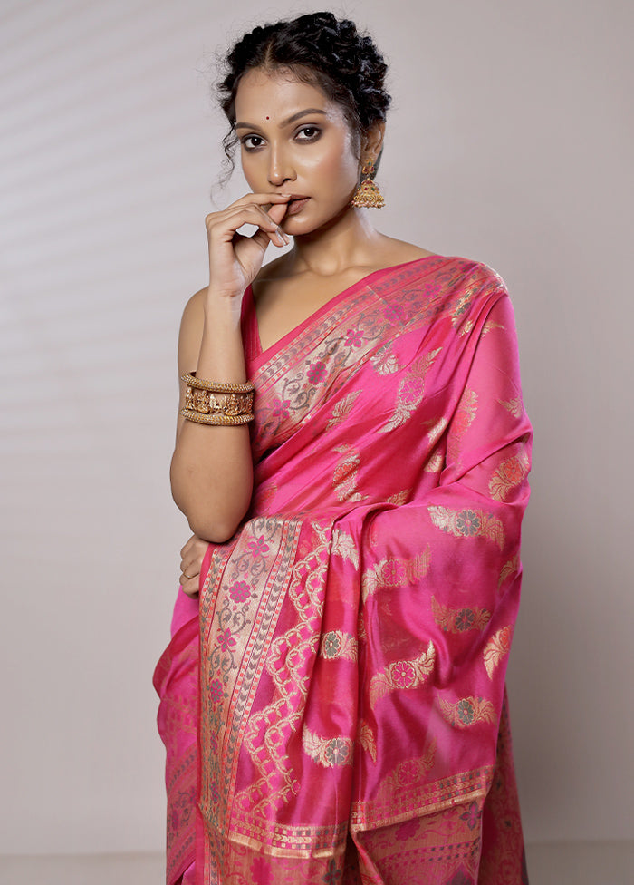 Pink Kora Silk Saree With Blouse Piece