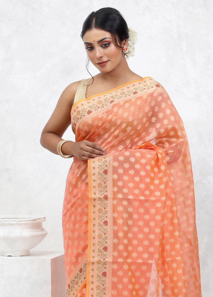 Peach Cotton Saree With Blouse Piece