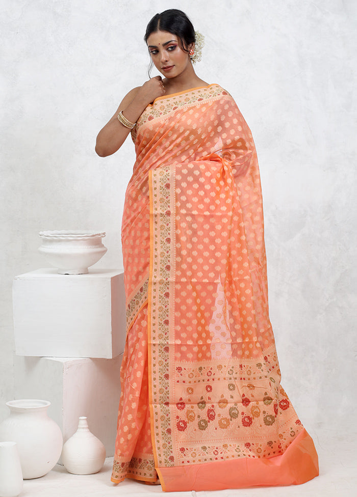 Peach Cotton Saree With Blouse Piece