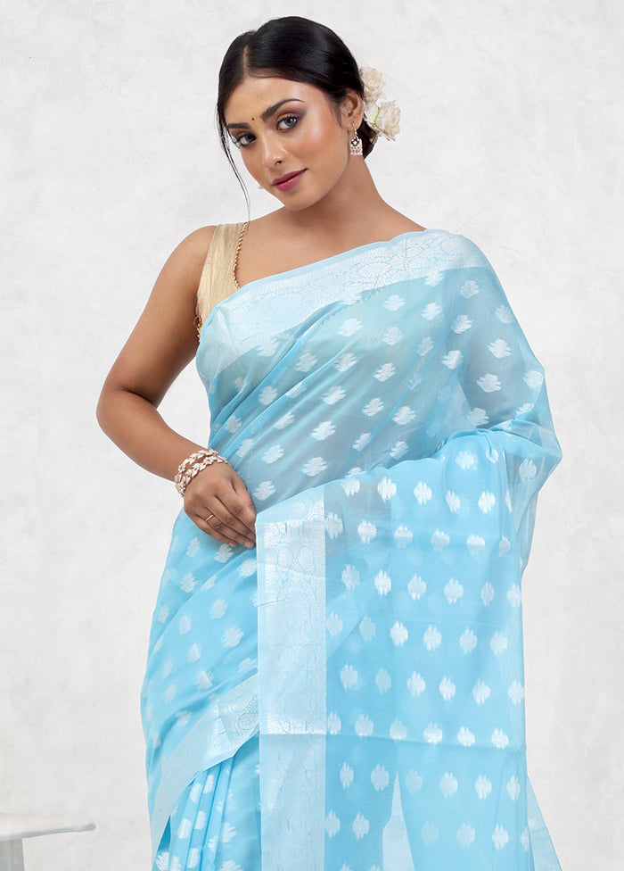 Blue Kora Silk Saree Without Blouse Piece - Indian Silk House Agencies