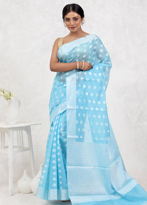 Blue Kora Silk Saree Without Blouse Piece - Indian Silk House Agencies