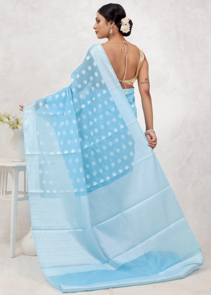 Blue Kora Silk Saree Without Blouse Piece - Indian Silk House Agencies