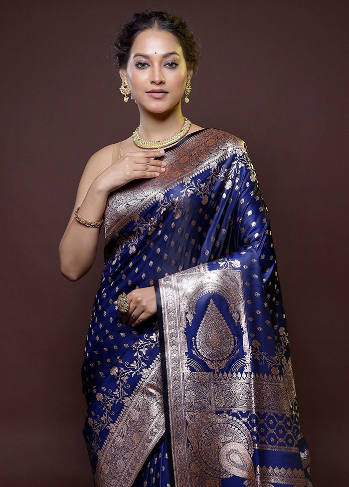 Blue Banarasi Silk Saree With Blouse Piece