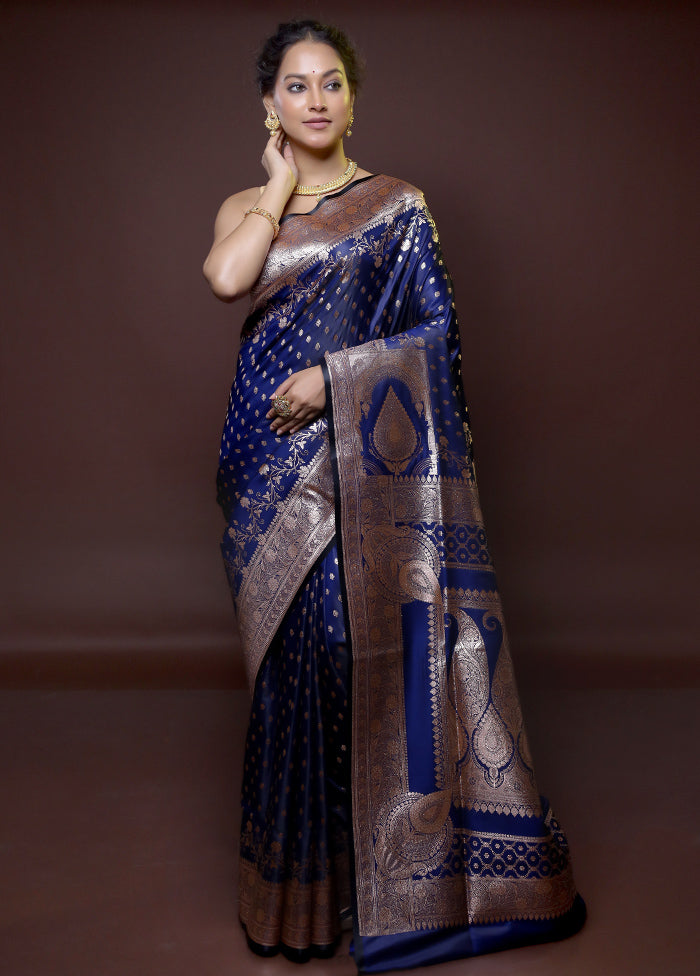 Blue Banarasi Silk Saree With Blouse Piece