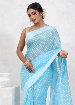 Blue Cotton Saree With Blouse Piece