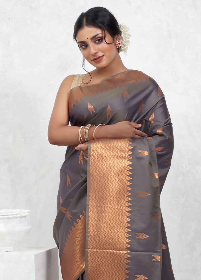 Grey Dupion Silk Saree With Blouse Piece