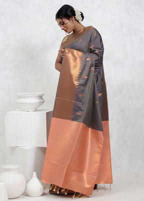 Grey Dupion Silk Saree With Blouse Piece