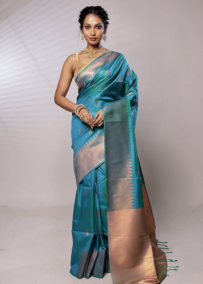 Blue Dupion Silk Saree With Blouse Piece