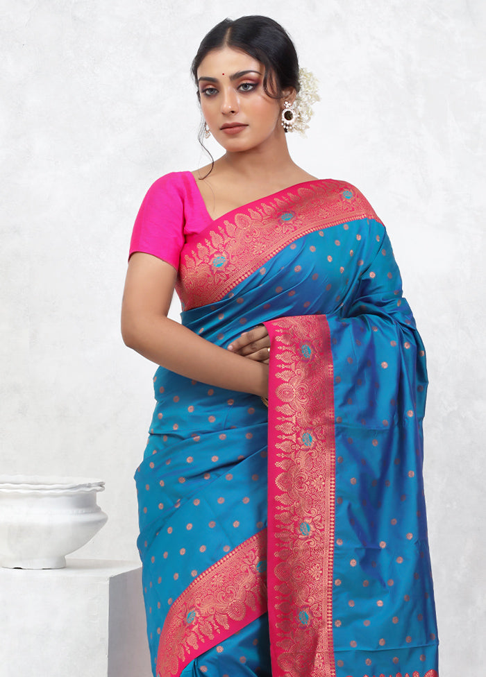 Blue Kanjivaram Silk Saree With Blouse Piece