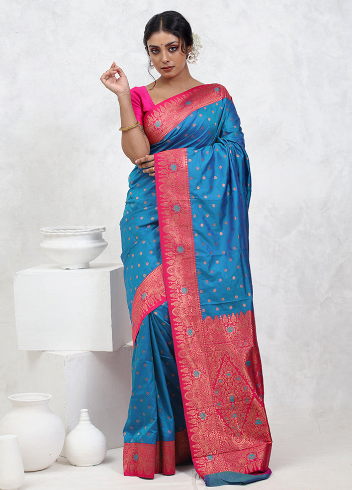 Blue Kanjivaram Silk Saree With Blouse Piece