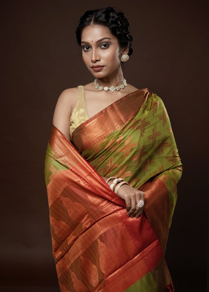 Green Kora Silk Saree With Blouse Piece - Indian Silk House Agencies