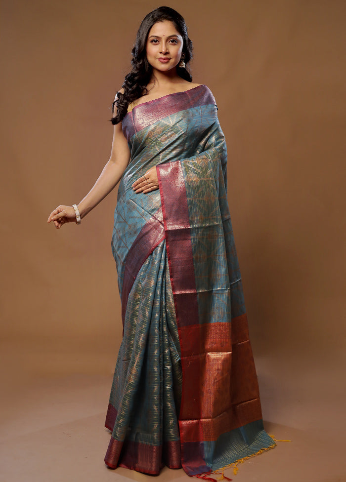 Blue Kora Silk Saree With Blouse Piece - Indian Silk House Agencies