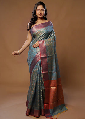 Blue Kora Silk Saree With Blouse Piece - Indian Silk House Agencies