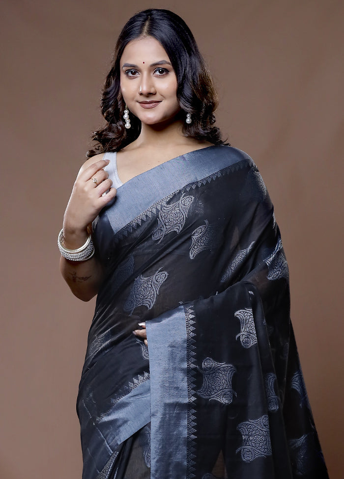 Black Cotton Saree With Blouse Piece - Indian Silk House Agencies