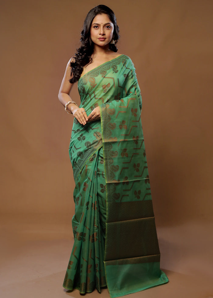 Green Cotton Saree With Blouse Piece - Indian Silk House Agencies