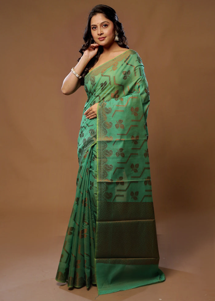 Green Cotton Saree With Blouse Piece - Indian Silk House Agencies