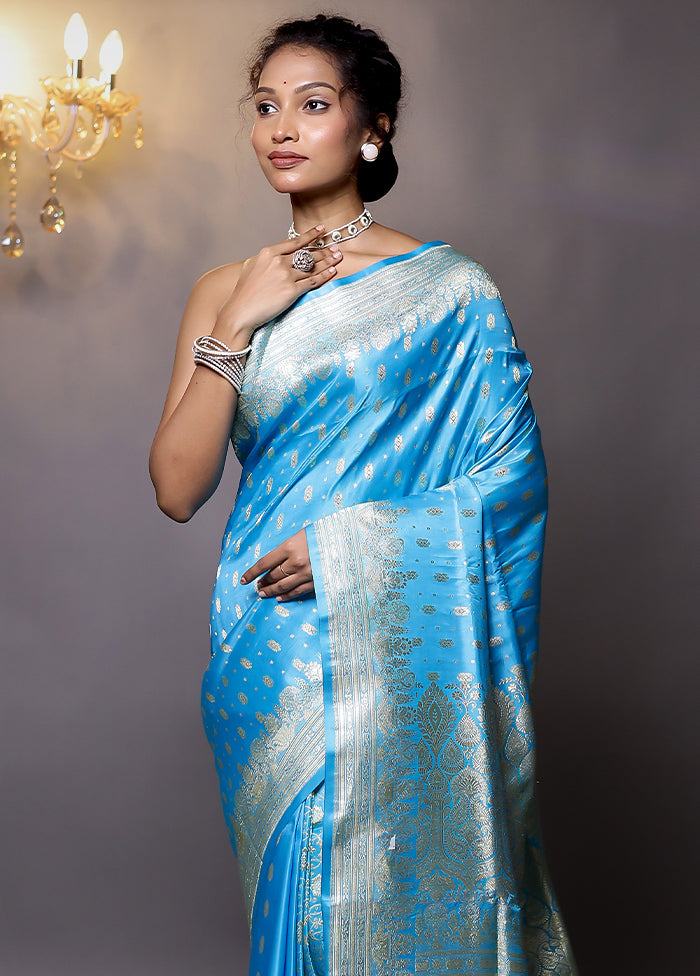 Blue Handloom Banarasi Pure Silk Saree With Blouse Piece